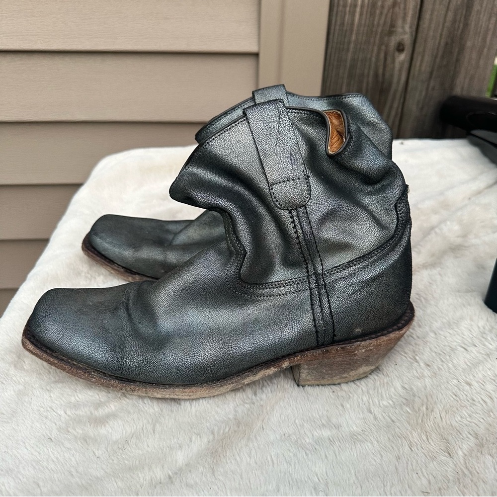 Cofi Leather Metallic Dark Blue Short Cowboy Boots Size 9.5